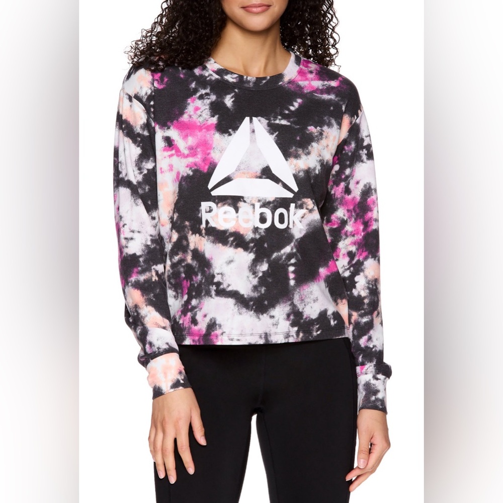Reebok Women’s Cropped Tie-Dye Crewneck Sweatshirt Pink Black White Size M